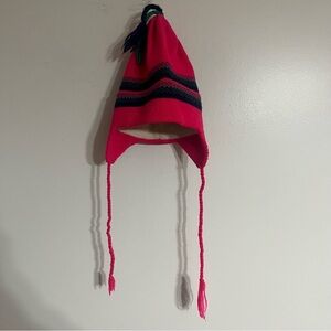 Hi-Line‎ Knits 100% Wool Winter Hat Tassles On Top + Ear Cover Bright Pink